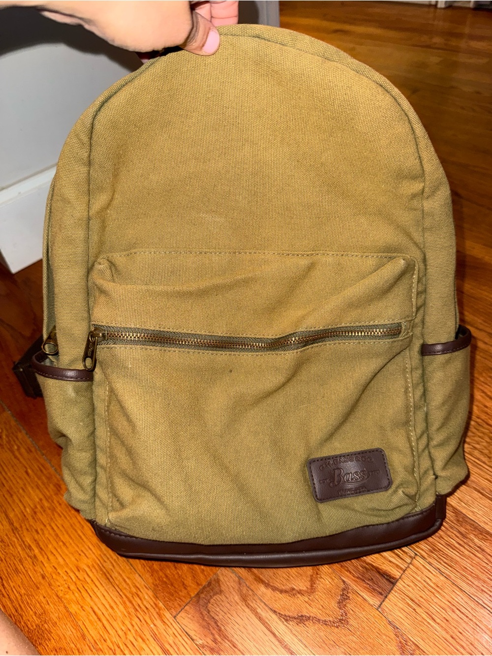 G.H. Bass & Co Brown leather Trim Canvas Backpack Olive Green Adjustable Vintage